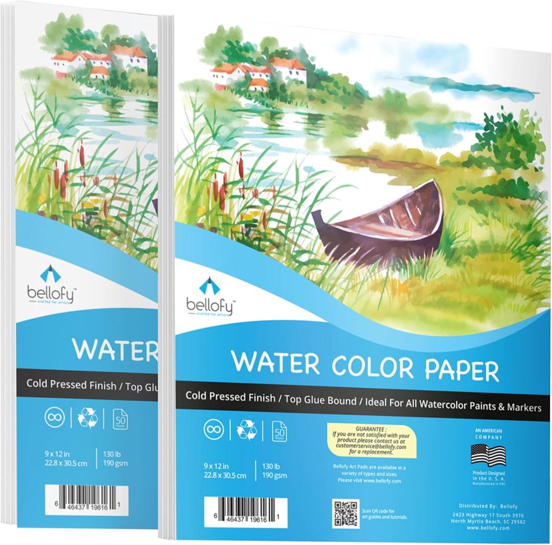 Bellofy 2X Watercolor Paper Pad, 100 Sheets, 9x12 Inches | Ideal for Kids, Artists & Beginners Love | Watercolor Sketchbook for Watercoloring Techniques | Great Gift Idea