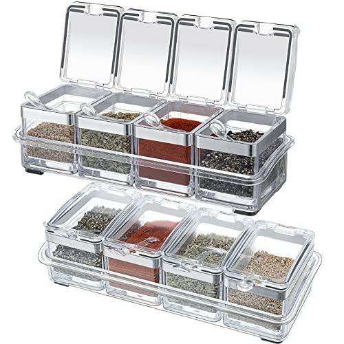 2 Set Acrylic Seasoning Organizer Box 10 x 4 x 3.2 in 8 Clear Seasoning Rack Spice Pot Condiment Container with Lid and Spoon Storage Container Spice Jar for Sugar Salt Kitchen Cooking Organizer