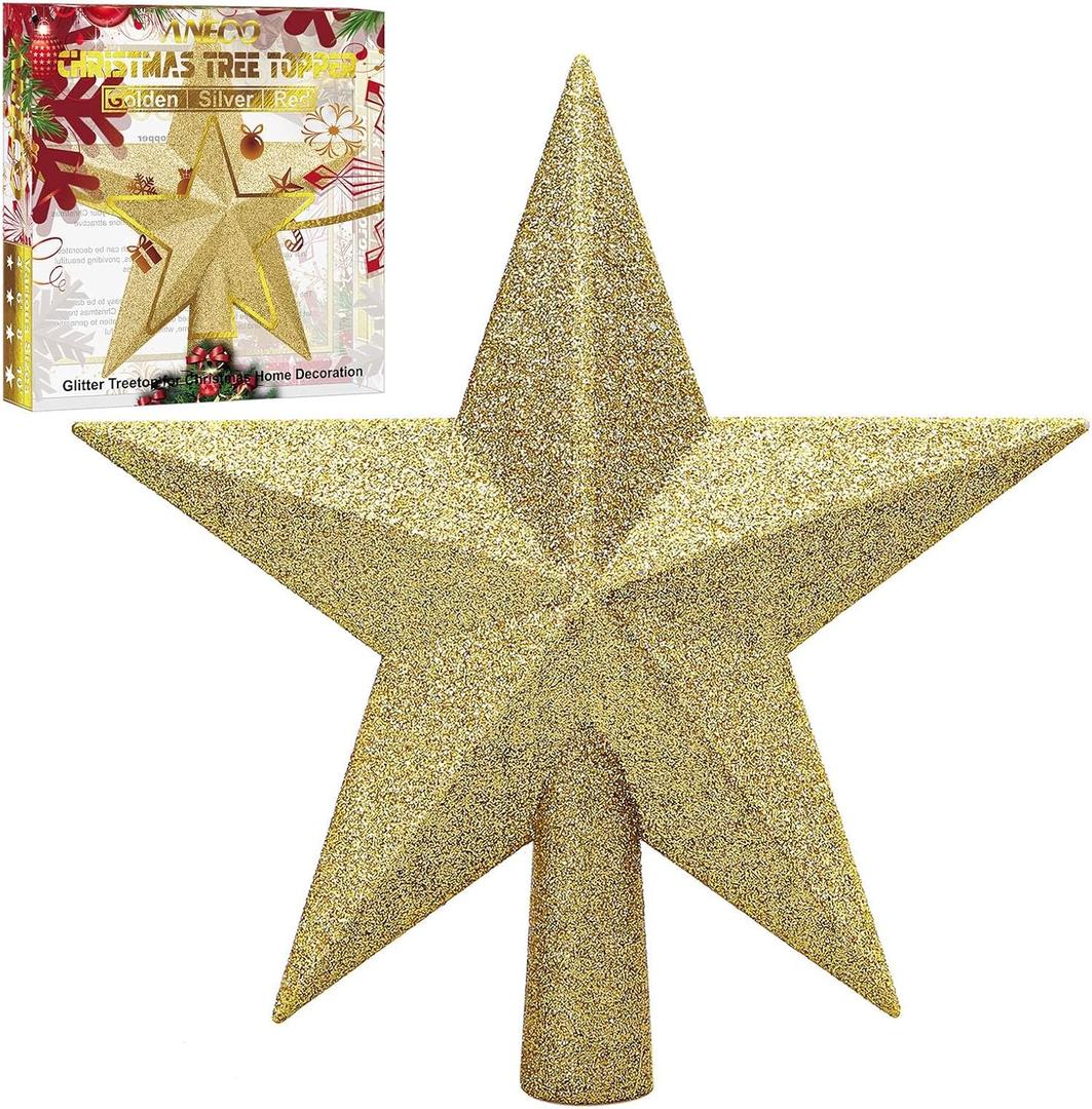 Aneco Gold Glitter Mini Christmas Tree Topper Shatter-Proof 10 Inch Large Christmas Tree Decoration Treetop for Holiday Ornament or Home Decor