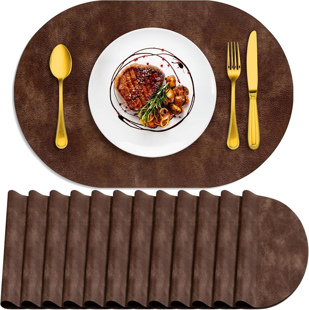 ADRIMER Placemats, Heat Resistant Oval Placemats Set of 12 Washable 12 x 17 Inch, Waterproof Table Mats, Wipeable Pu Place Mats for Kitchen, Dining Room, Brown, 12Pcs, 12" x 17"