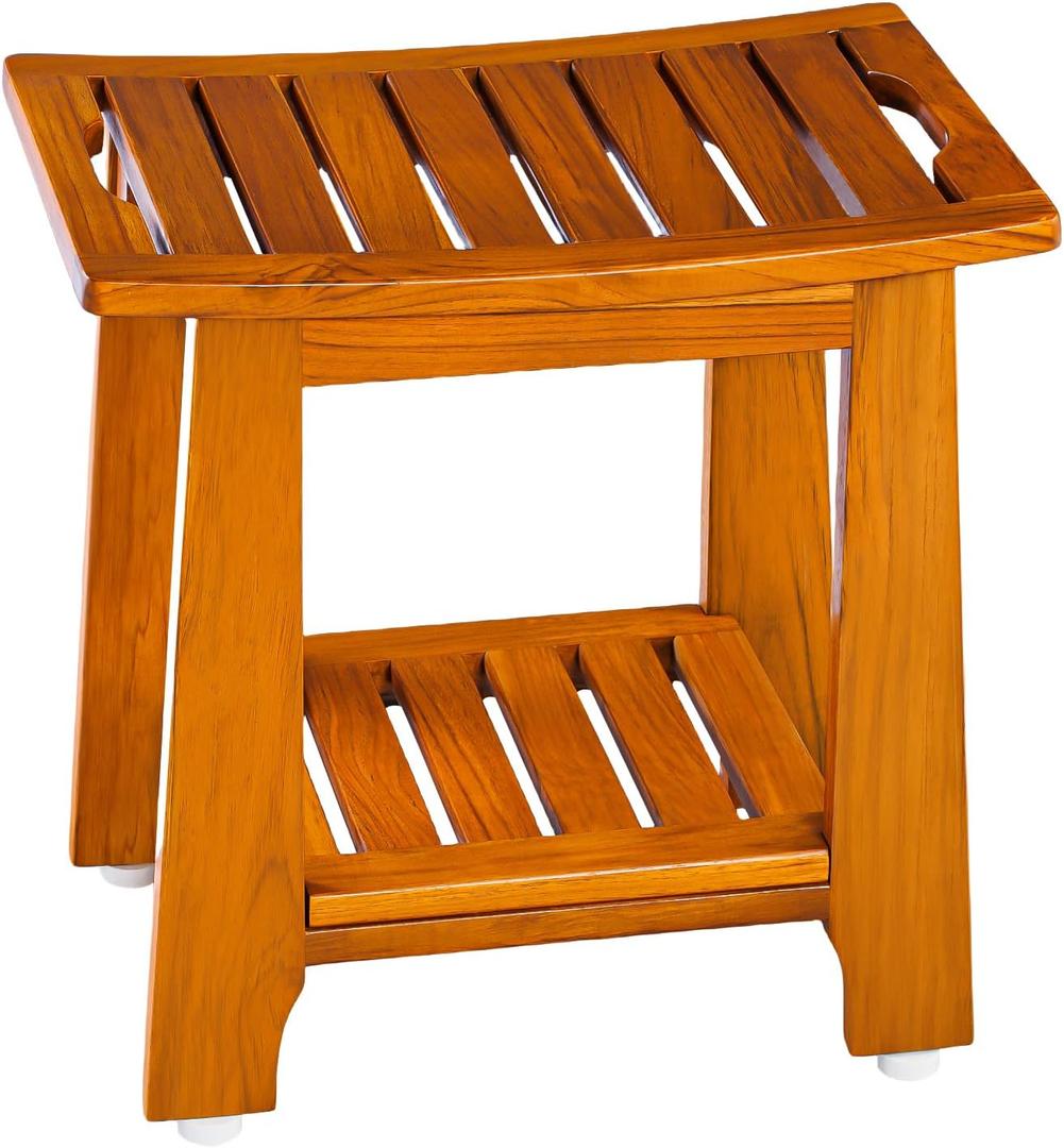 18" Standard Teak Shower Bench with Shelf & Handle - Waterproof, Non-Slip Bath Stool, 300 lbs Capacity - Fits Standard Tubs/Showers & Outdoor Use (Patented)