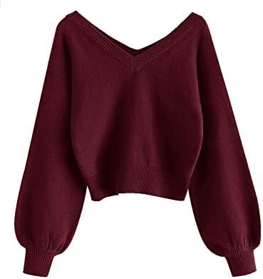 ZAFUL Women's Cropped Sweater V-Neck Long Sleeve Crop Sweater Pullover Jumper Knit Top Size M