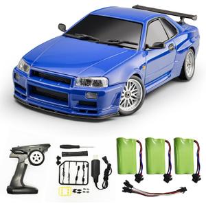 Skymaker 1/18 RC Drift Car with 3 Batteries Gyro LDRC LD1899 GTR R34 2.4GHz RWD Drifting Drift Cars for Adults with Alloy Car Shell(Blue)