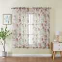 OWENIE Printed Sheer Curtians 54 Inches Long for Kitchen Set of 2 Panels, Dual Rod Pocket Window Living Room Curtains with Floral, Farmhouse Light Filtering Short Curtains for Small Window, 42"x54"