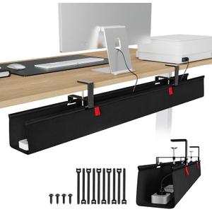 KEEGH Extra Large 48" Under Desk Cable Management Tray - Under Desk Cord Management - Clamp/Screw Mount - Support Upto 70lbs - Fabric Wire Management - Cable Raceways Tray Cord Hiders for Office/Home (Black)