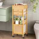 Amazer Bamboo Makeup Organizer Cart with 3 Drawers, Floor Skin Care Storage for Bathroom Bedroom, Rolling Vanity Organizer Cart for Cosmetic, Nail Polish, Perfume and Hair Tools (Natural Color)