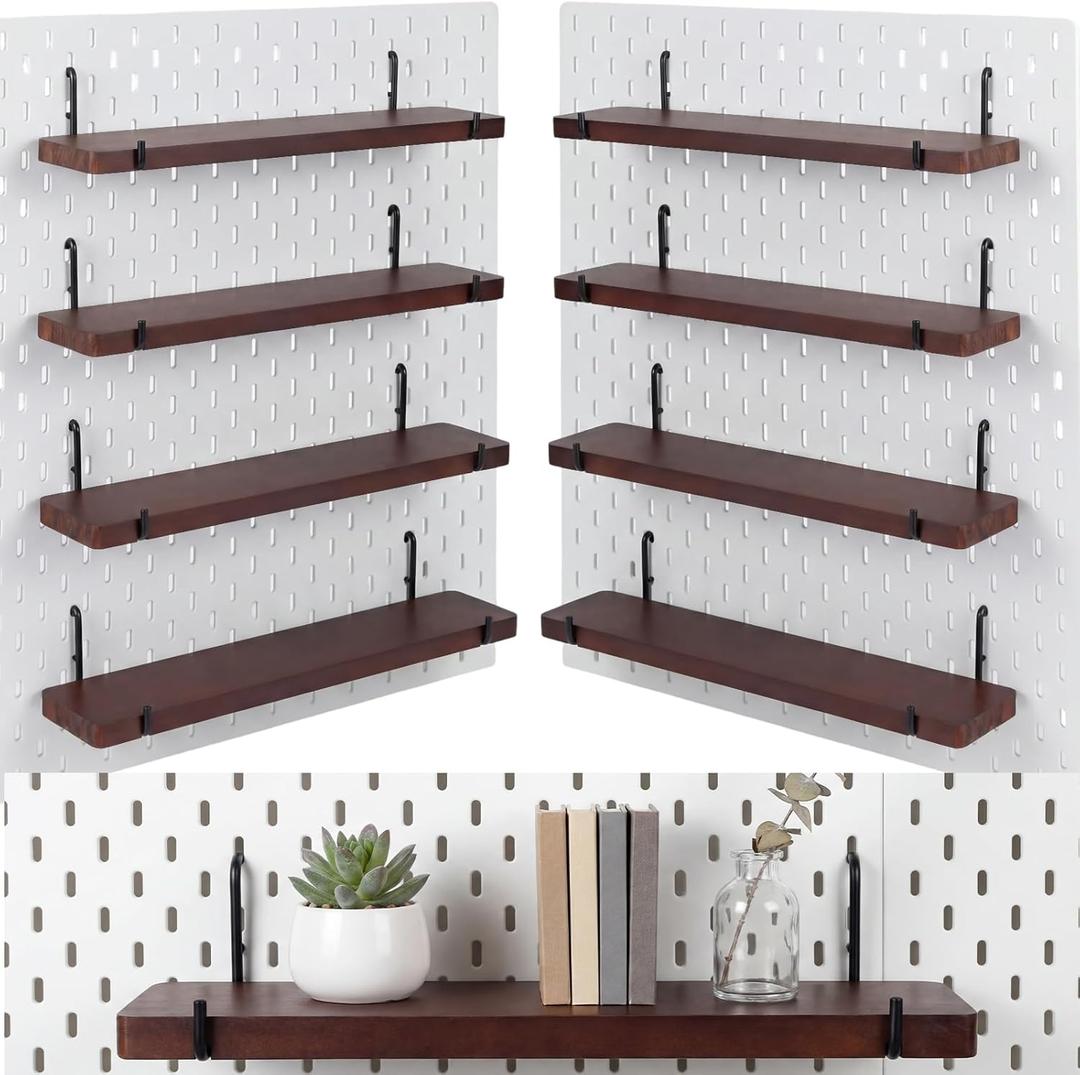 Novabright 8 Pcs Walnut Color Pegboard Shelves Set with Metal Brackets Hooks 11.8 x 4'' Wall Wooden Pegboard Shelving Heavy Duty Accessories for Crafts Office Garage Home Workbench