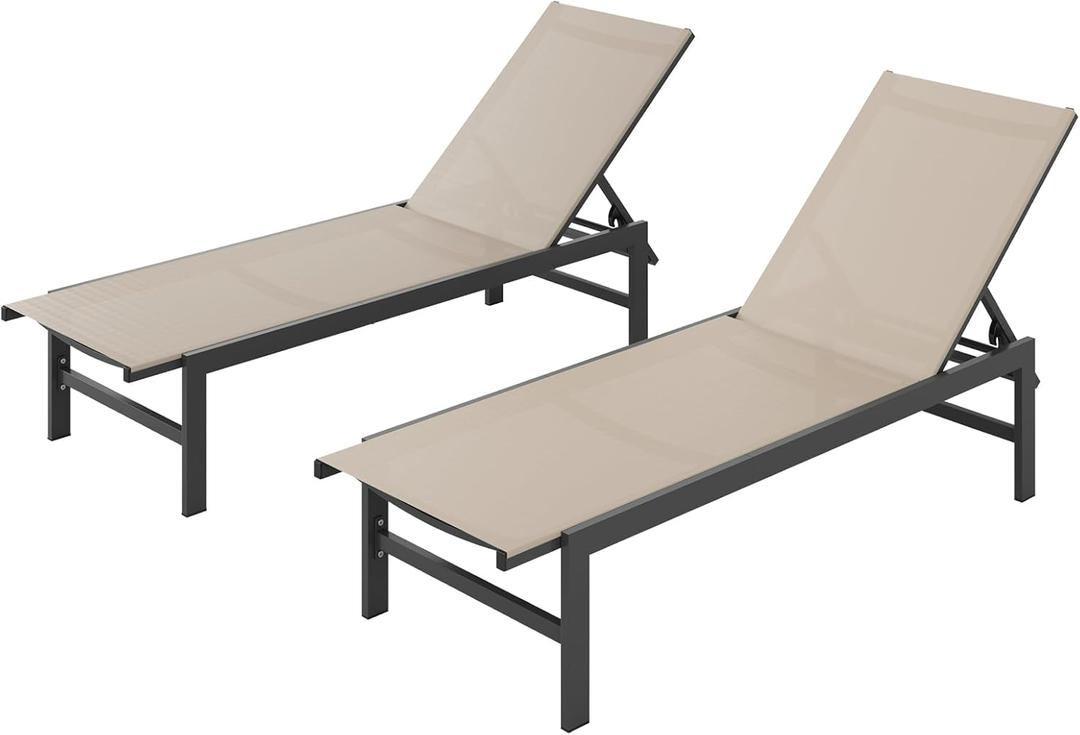 Outdoor Lounge Chairs Set of 2 for Pool, Aluminum Chaise Lounge Chairs with 5-Position Recliner, Patio Lounge Chair for Backyard, Poolside, Deck, Lawn, Khaki (2 Pack)