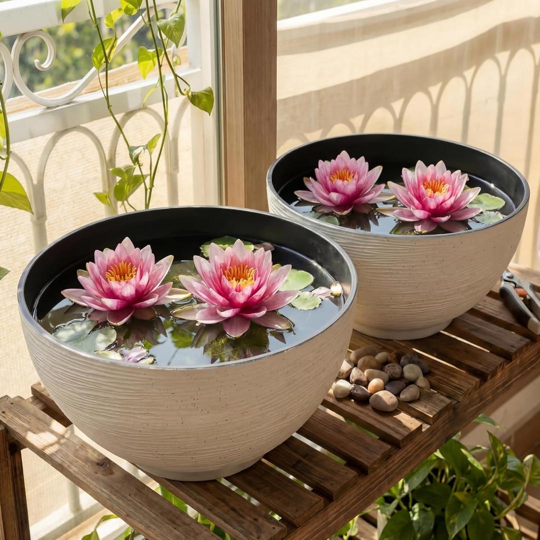 2 Pcs 13.8 Inch Lotus Bowl Planter Large Water Lily Pots Succulent Hydroponic Bowl Pot Flower Planting Pot for Outdoor Indoor Plant Mini Fish Pond No Drainage Hole(Quartz White)