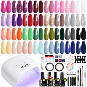 MEFA 54 Pcs Gel Nail Polish Kit with U V Light, 32 Colors Popular Soak Off Nude Pink Red Gel Polish Nail Set with Matte/Glossy Gel Top Base Coat Manicure Tools Nail Art Decorations DIY Salon Home Gift (2-Colors Ultimate Nail Art Set)