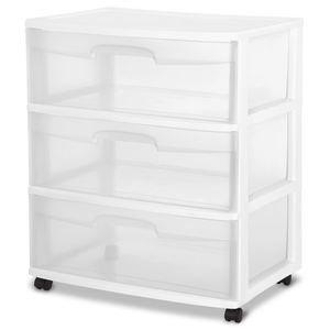 Sterilite Wide 3 Drawer Storage Cart, Plastic Rolling Cart with Wheels to Organize Clothes in Bedroom, Closet, White with Clear Drawers, 1-Pack (Cracked, warped)