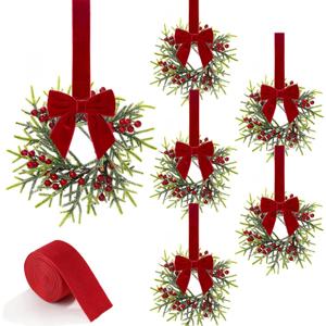 6 Pcs Christmas Kitchen Cabinet Wreaths with Red Velvet Ribbon Small Christmas Wreath Mini Cabinet Wreaths Farmhouse Wreath for Front Door Hanging Porch Wall Window Decor