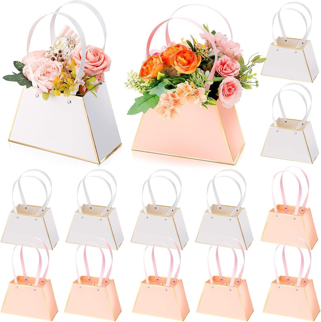 Fuutreo 12 Pcs Mother's Day Flower Gift Bags for Bouquets Portable Craft Flower Arrangement Boxes with Handle Waterproof Bouquet Wrapping Bags Florist Handbag for Wedding Birthday Party(Pink, White)