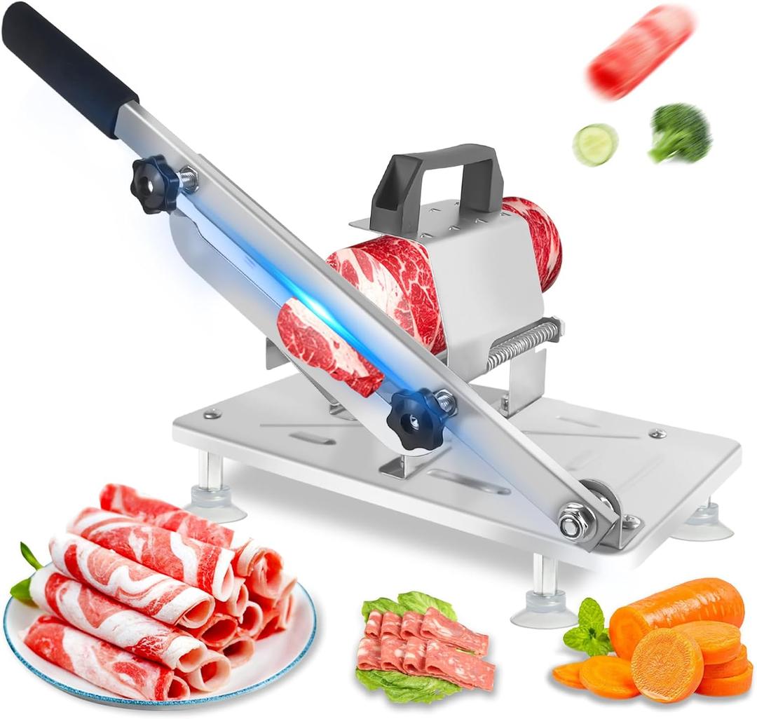 Manual Frozen Meat Slicer Meat Cutter Upgraded Stainless Steel Meat Cleavers Beef Mutton Roll Slicing Machine Vegetable Meat Slicer for Home Cooking Hotpot Shabu wwt (Silver)