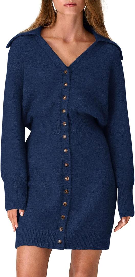 PRETTYGARDEN Sweater Dresses for Women 2026 Trendy Long Sleeve Button Down Short Mini Fall Winter Dress Small
