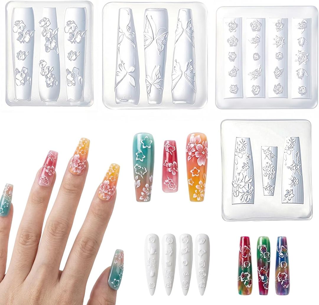 Silicone Nail Art Molds 4PCS 3D Flowers Butterfly Nail Charm Molds Modeling Templates Camellia Flowers Design Mold for Resin Epoxy Making Tool Mould DIY Manicure Decorations Accessories