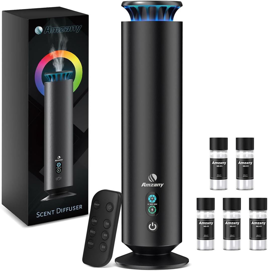 Waterless Scent Diffuser Kit,Scent Diffuser with 7 Lights and Breathing Lights Modes,Max Coverage 2000 sq.ft.Home,Offices,Hotels and Spas Aromatherapy Diffuser Included 5 Scent Oils Remote Control (Black)