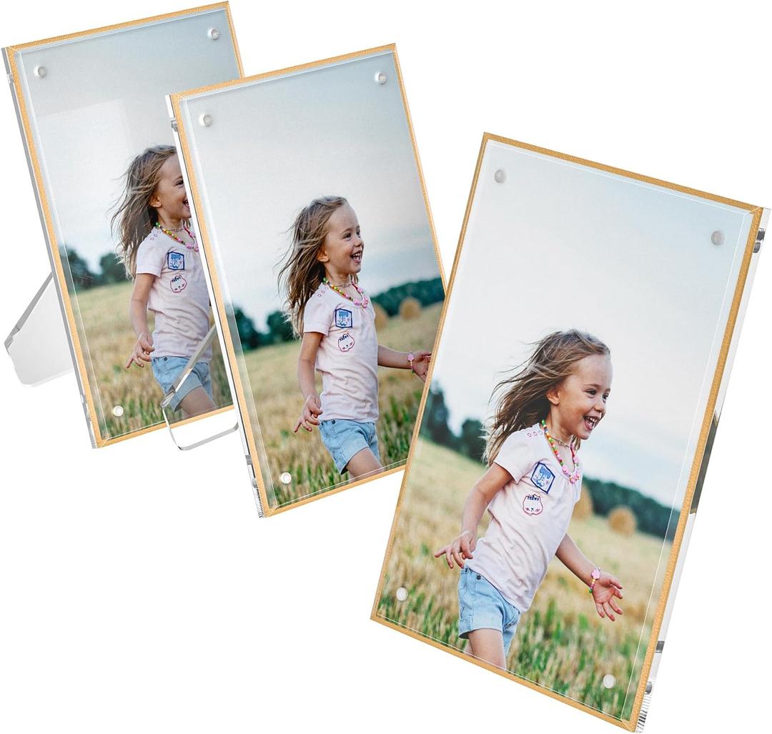 Acrylic 5x7 Picture Frame with Gold Edge Pack of 3, Magnetic Acrylic Photo Frame Picture Display Sign Holder