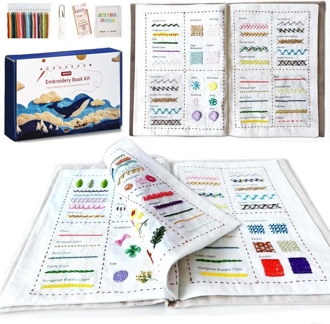 spicssa 2026 Upgraded DIY Stitch Book Kit, Embroidery Stitch Book Kit, Comprehensive Guide with Various Patterns, Complete Toolkit and Video Tutorials, Perfect for Beginners and Craft Lovers
