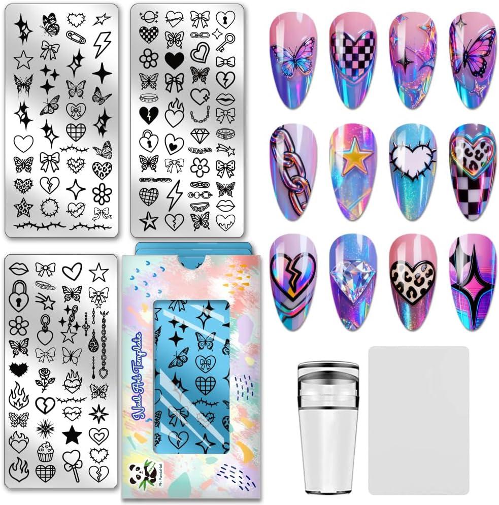 PH PandaHall 125 Patterns Punk Style Nail Stamping Plate 3pcs Heart Bows Nail Art Templates Lightning Star Nails Art Stencils Butterfly Nails Image Plate for Women Manicures Salon Print Design