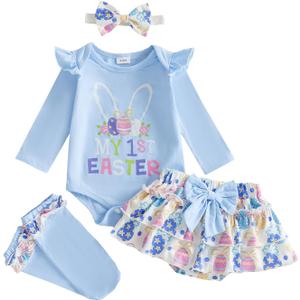 Newborn Baby Girl My 1st Easter Outfit Bunny Romper Bloomers Tutu Skirt Socks Headband Set First Easter Outfit, 0-3 Months