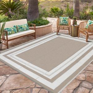 MilleLoom Waterproof Plastic Straw Outdoor Rug 9x18 Patio Reversible UV Resistant Foldable Camping Carpet Modern Border Large Outdoor Rugs for Deck, Picnic, Porch, Camper, Balcony, Beach，Light Brown