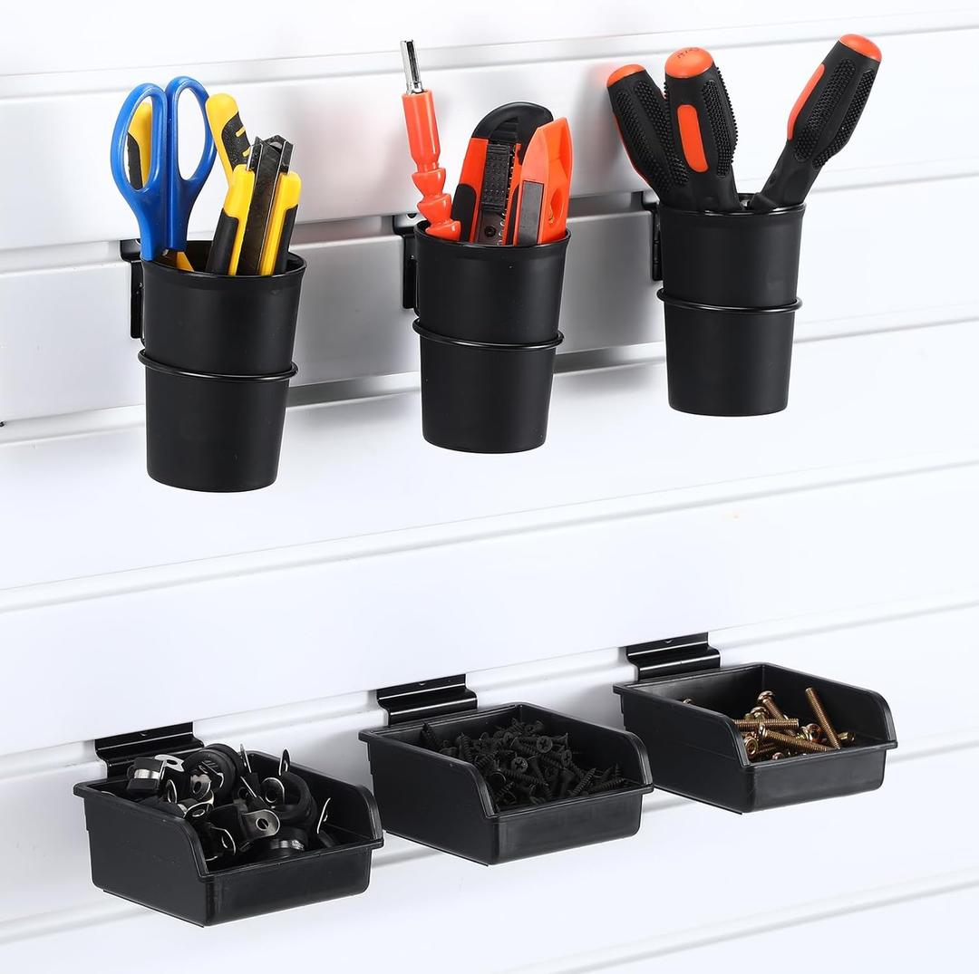 6 Pack Slatwall Cups Bins Plastic Organizer with Hooks and Loops Black Slatwall Accessories Set for Craft Workshop Workbench Hobby Office Tool Shed Hardware Garage