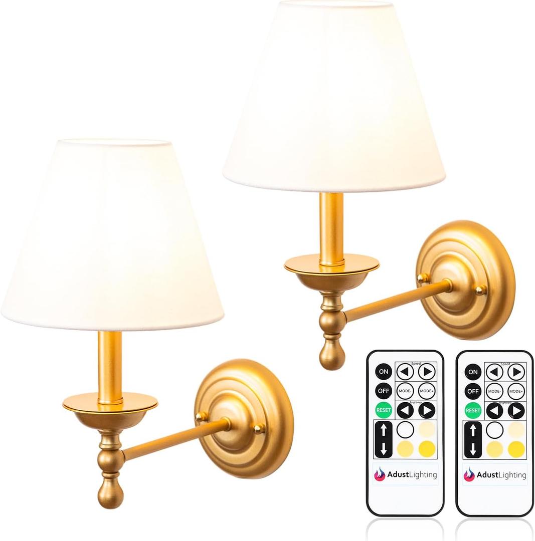 Adust Battery Operated Wall Sconce Set of Two Remote Control Dimmable Rechargeable LED Light Bulb, 3 Color Temps LED, for Bedroom Living Room