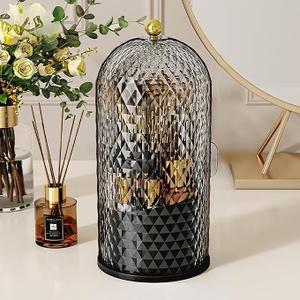 Makeup Brush Holder Organizer with 360 Rotating Lid Dustproof Makeup Brushes Organizer for Vanity Desktop Bathroom Countertop Clear Cover Easy Visibility (Black)