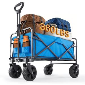 Sweetcrispy Foldable Wagon Cart, Collapsible Large Capacity Garden Cart with Wheels, Heavy Duty Utility Grocery Wagon with Drink Holders for Shopping Sports Camping (120L, Blue New)