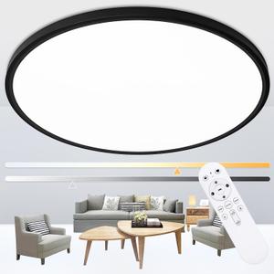24 Inch Large Flush Mount Ceiling Light Fixture, Dimmable with Remote Control, 56W, 5600 Lumen, Modern, Round, Black, for Kitchen, Dining Room, Bedroom, Living Room, Home Office