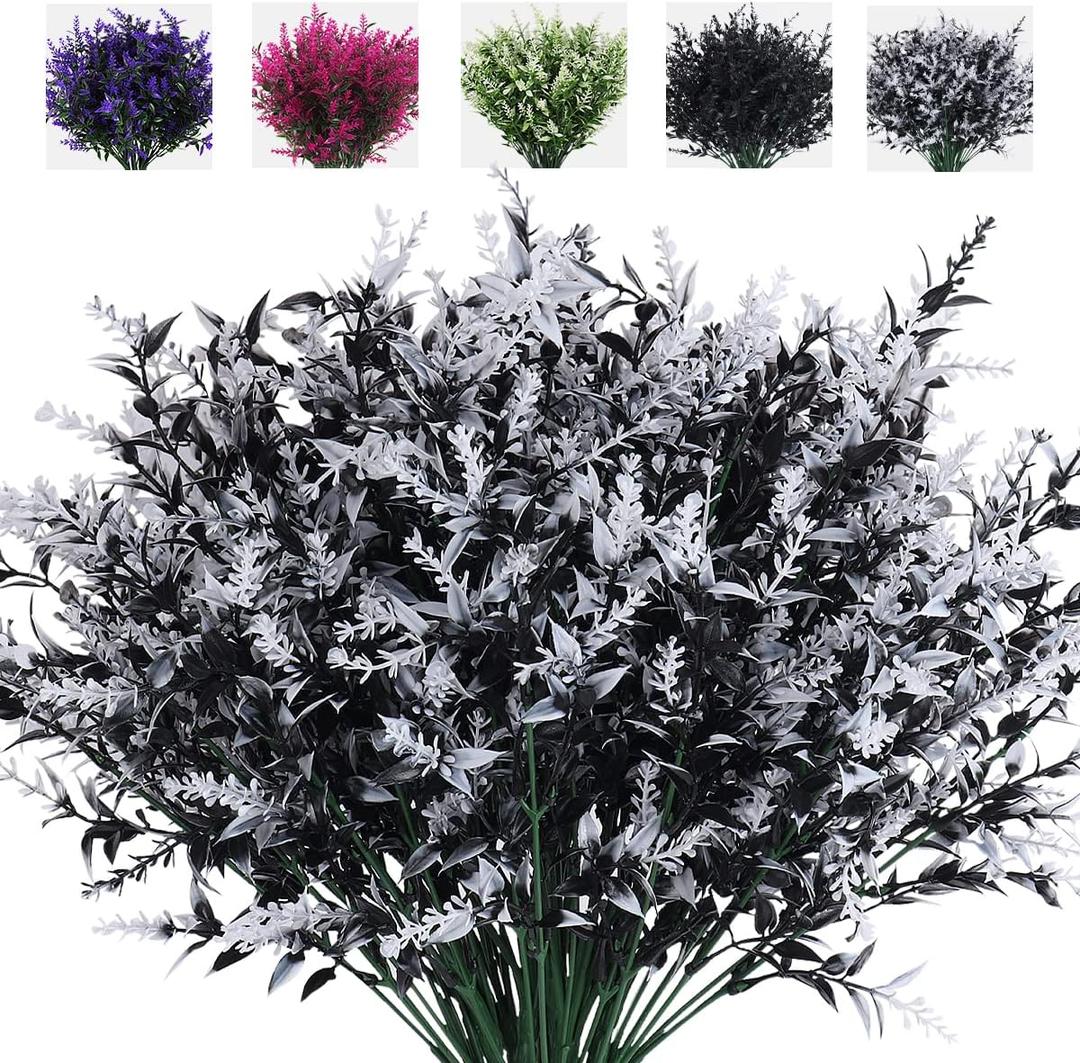 RECUTMS 8 Bundles Artificial Flowers Outdoor UV Resistant Fake Flowers Fake Outside Plants Plastic Outdoor Flowers for No Fade Faux Plastic Plants Garden Porch Window Box Dcor(Black+White)