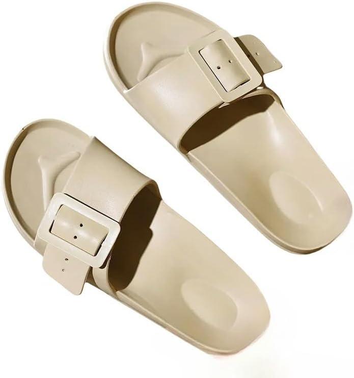 Women'S Summer Sandals Women Summer Slippers Outdoor Beach Sandals Flat Slides Adjustable Buckle House Slippers (37-38, Khaki)