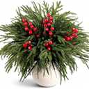 24Pcs Real Touch Christmas Norfolk Pine Stems, 18'' Artificial Christmas Greenery Stems Norfolk Pine Branches Red Berry, Faux Pines Picks for Vase DIY Garland Wreath Indoor Outdoor Home Xmas Decor