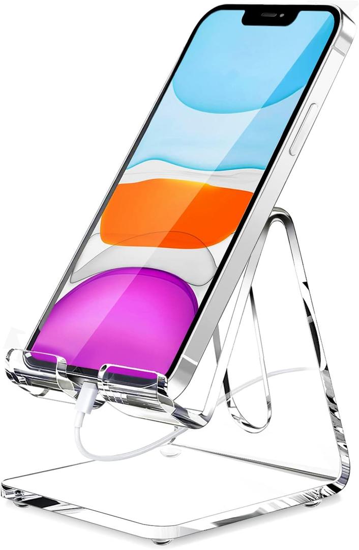 Crpich Acrylic Cell Phone Stand, Portable Clear Phone Stand for Desk, Compatible with Phone16 15 14 13 Pro Max Mini 12 11 Plus SE, Switch, Android Smartphone, Pad, Tablet, Desk Accessories (1 Pack, 1-Clear)