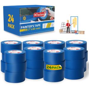 XFasten Blue Painters Tape 3 Inch Wide x 180 Feet Bulk (24-Pack, 4320ft Total) Wall Safe UV-Resistant Blue Masking Tape 3 Inch Wide for Indoor and Outdoor Walls, Painting, Wood, Automotive