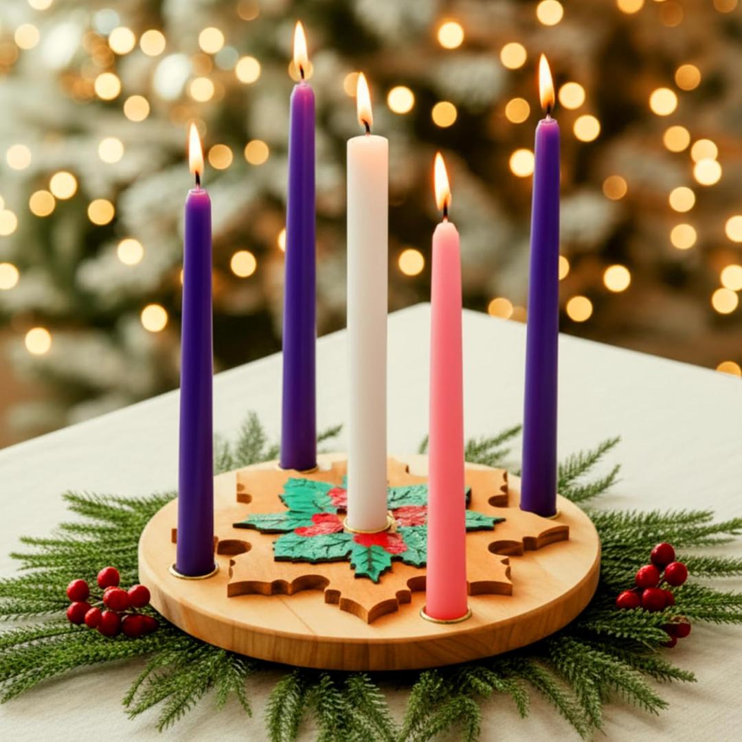 Lounsweer 6 Pcs 15.5 Inch Christmas Advent Wreath Candle Holder with 5 Candles Wood Nativity Candle Holder Rustic Advent Decor for Xmas Candles Centerpiece Decorations Home Church Religious Gift