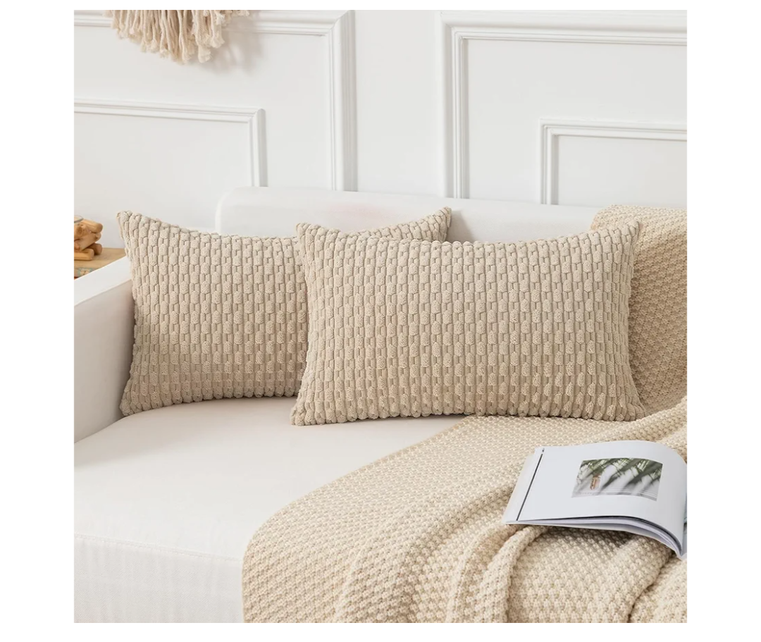Kevin Textile Throw Pillow Covers Soft Corduroy Decorative Set of 2 Boho Striped Pillow Covers Pillowcases Farmhouse Home Decor for Couch Bed Sofa Living Room 12x20 Inch Beige