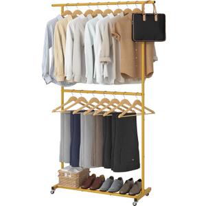 Sywhitta Double Rod Clothing Garment Rack, Rolling Coat Hanger with Bottom Mesh, Clothing Rack for Hanging Clothes, Coats, Skirts, Sweaters, Gold