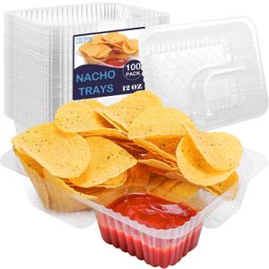 100 PCS Nacho Trays Disposable,6x5 inches Nacho Tray,Clear Plastic Nacho Containers,2 Compartment Food Tray,12 Oz Nacho Cheese Trays,Concession Stand Supplies,Movie Night Snack Trays for Kids