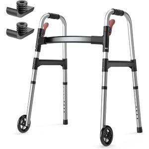 HOMLAND Walkers for Seniors, One-Hand Folding, 8 Height Adjustments, Walkers with Wheels, 2 Skis and 5" Wheels, Lightweight Walker for Seniors, Standard Walkers for Seniors, Aluminum Frame, Silver