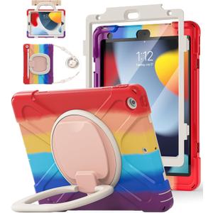 BATYUE for iPad 9th/ 8th/ 7th Generation Case (iPad 10.2 inch Rugged Case 2021/2020/2019) with Screen Protector, Rotating Stand/Pencil Holder/Carrying Shoulder Strap (Colourful Red) (A11-Ring Kickstand(Colorful Red))