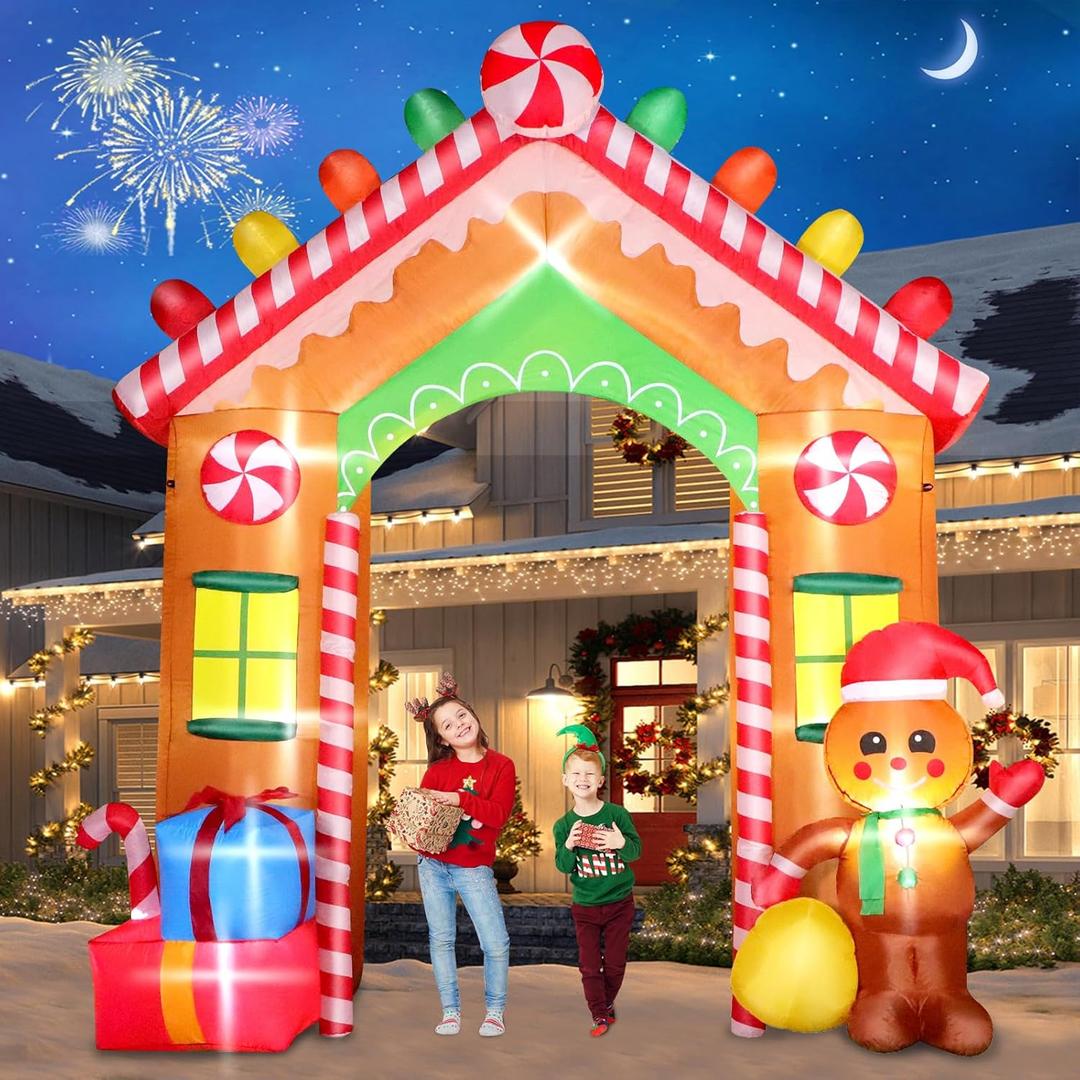 FunFanso 9 FT Christmas Inflatables Archway Outdoor Decorations, Gingerbread Man House Arch Blow Up Yard Decoration with Colorful Gift Boxes, Built-in LED Lights for Garden Porch Xmas Party Decor