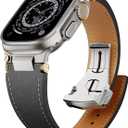 Unfettered Genuine Leather Band for Apple Watch Ultra 3/2, 49mm 46mm 45mm 44mm 42mm, Men's Vintage Full-Grain Replacement Strap with Folding Clasp & Metal Connector, Compatible with Series 111 SE (Black-Titanium Buckle)