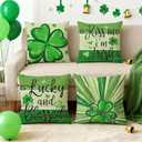 St Patricks Day Pillow Covers 18x18 inch Set of 4 Green Shamrock Decorative Irish Throw Pillows Cushion Cases for Sofa Couch Bedroom Holiday Home Decoration (Lucky and Blessed)