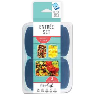 Fit & Fresh 216HL Entree Set with Ice Pack, 3 Reusable Portion Control Containers, BPA-Free, Microwave/Dishwasher Safe Lunch Box, Entre, Blue