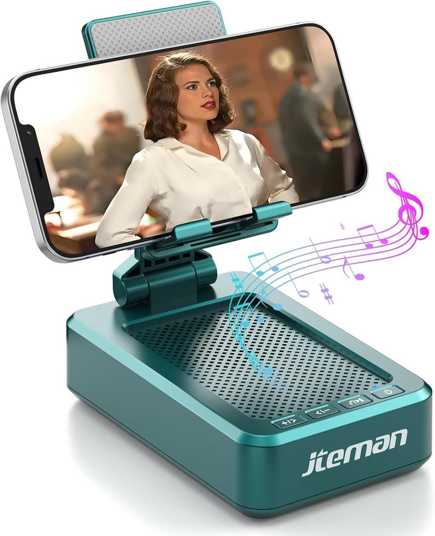 JTEMAN Cell Phone Stand with Wireless Bluetooth Speakers, Angle Adjustable Strong Pedestal Phone Stand for Desk, HD Sound and Bass Bluetooth Speaker Compatible with All Mobile Phones(Green)