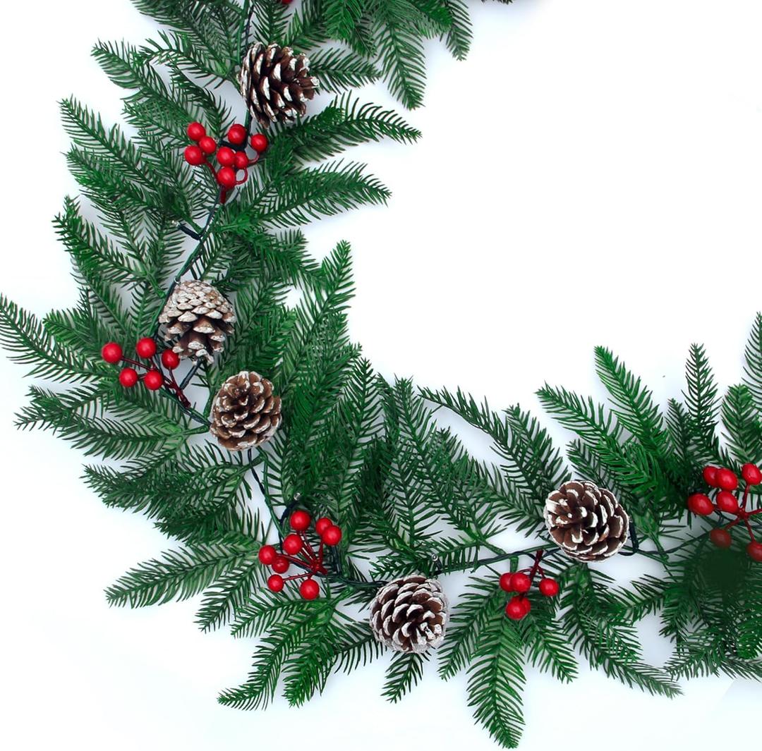 6FT Christmas Garland with Lights,Battery Operated 25 LED 9 Modes with Pine Cones Red Berries Branches Garland Christmas Decorations for Indoor Outdoor Home, Perfect for Festive Xmas Decor