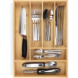 Pristine Bamboo Silverware tray organizer Flatware Utensil Cutlery Silverware Holder for Drawer Small Extra-Deep Wooden Kitchen Drawer Organizer Divider for Spoons Forks Knives cutleries (6-Slots)