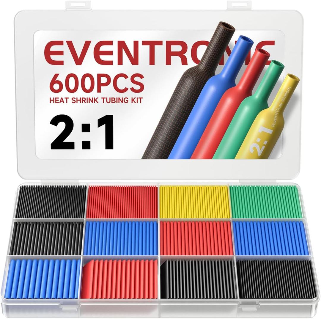 Eventronic 600PCS Heat Shrink Tubing 2:1, Electrical Wire Cable Wrap Assortment Electric Insulation Heat Shrink Tube Kit with Box(5 colors/12 Sizes), Black, Red, Blue, Yellow, Green | 5 Colors 12 Sizes, Easy To Use, Fast Shrink, Industrial Electrical Wire Cable Wrap Assortment Electric Insulation